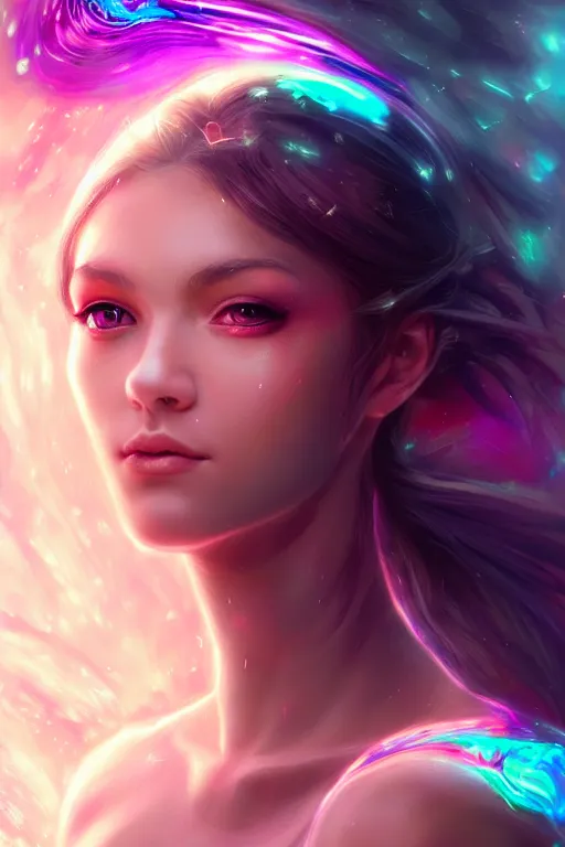 Prompt: a photographic portrait of an attractive young girl, partially clothed in ethereal armor, surrounded by colorful transparent plasma, emitting psychic powers, beautiful bone structure, perfectly proportioned face, perfect eyes, intricate, elegant, highly detailed, hyper detailed, trending on tumblr, by artgerm, by loish, fantasy scene, fantasy aesthetic, trending on Artstation