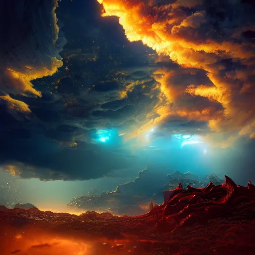 Image similar to golden eastern sky dragon, alien flowers, landscape wide shot, thunderstorm, unreal 5 render, digital art, octane render, beautiful composition, trending on artstation, award - winning photograph, masterpiece