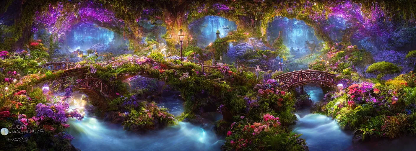 Image similar to photograph of enchanted garden, blue river in the middle, 1 glowing bridge crossing river, mystical fairies swooping around bridge, flowers with intricate detail, by marc adamus, highly detailed, intricate detail, cinematic lighting