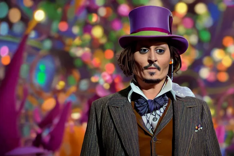 Image similar to johnny depp as a character in willy wonka's chocolate factory movie directed by tim burton, all faces are distorted contorted, shock, repulsion, disgust, annoyance, cinematic still, movie still, long lens, shallow depth of field, bokeh, anamorphic lens flare, 8 k
