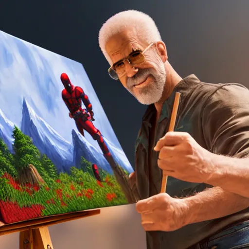 Image similar to a closeup photorealistic photograph of bob ross working on a canvas painting of deadpool. film still. brightly lit scene. mountains and trees. this 4 k hd image is trending on artstation, featured on behance, well - rendered, extra crisp, features intricate detail, epic composition and the style of unreal engine.