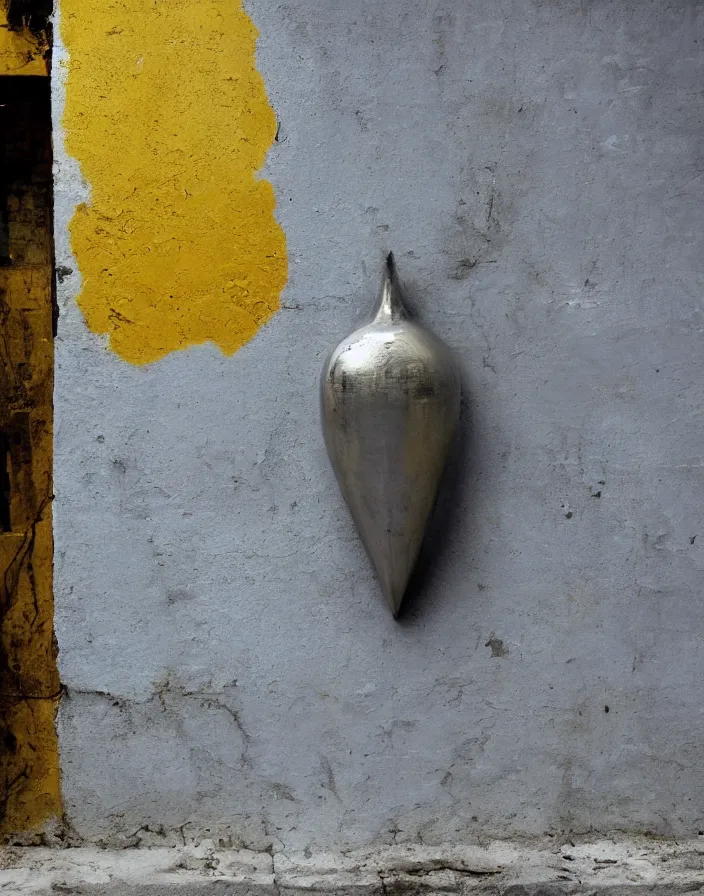 Prompt: vintage color photo of a liquid gold sculpture in a south american back alley with white and gray walls, photography by werner herzog