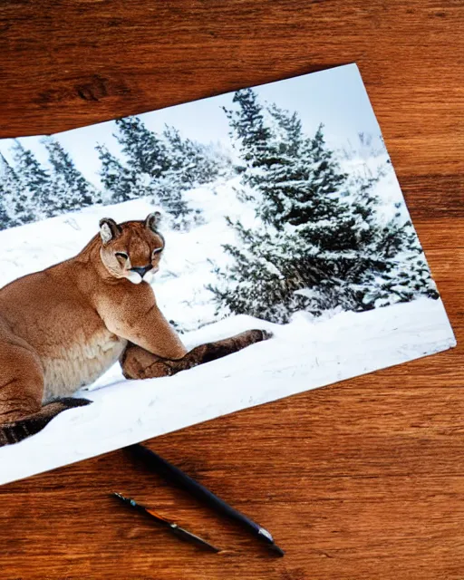 Image similar to postcard showing 'a cougar sleeping in the middle of snowy pine tree' laying on coffee table, zoomed out, HD, iphone capture