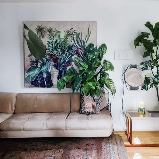 Image similar to ! dream a living room with plants and speakers and a painting on the wall, a photorealistic painting by mollie forestier - walker, featured on tumblr, light and space, sanctuary, soft light, aesthetic