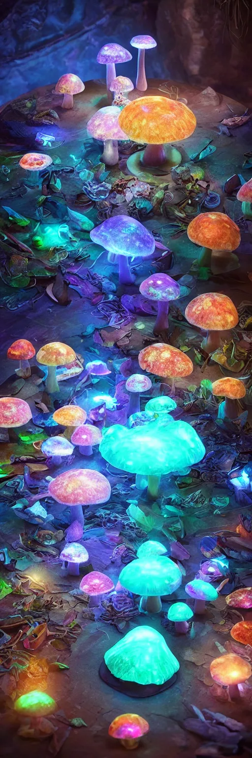Prompt: “bioluminescent mushrooms and crystals on a table, Artstation HQ, photorealistic, hiperrealistic, 4k UHD, Unreal Engine 5, cinematic shot, cinematic lightning, dark tones, high contrast, intricate, masterpiece”