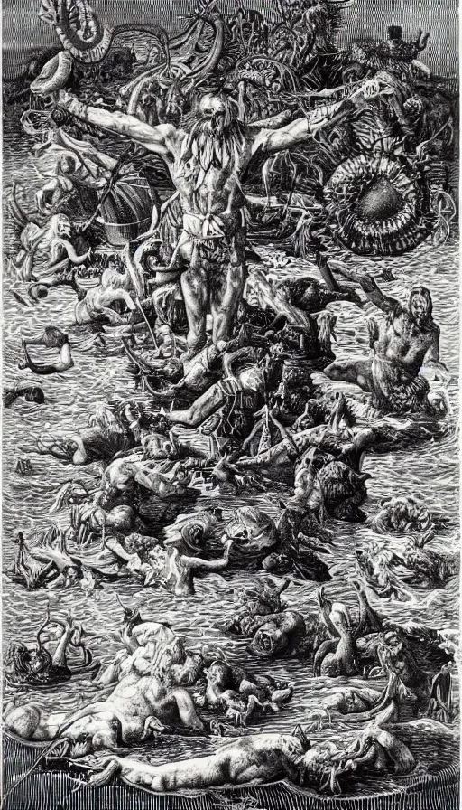 Image similar to man on boat crossing a body of water in hell with creatures in the water, sea of souls, by ernst haeckel