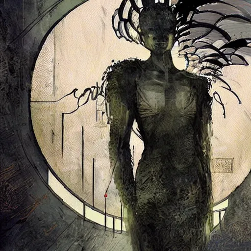 Image similar to a digital angel made of source code protects the gate to exit the simulation, matte painting by dave mckean, esao andrews and yoji shinkawa