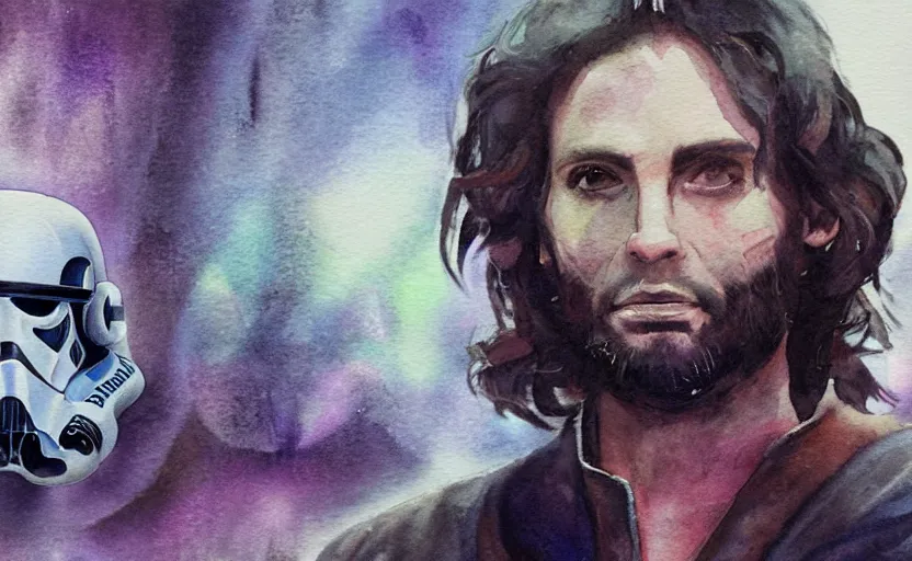 Prompt: a realistic star wars watercolor fantasy concept art of a drug dealer that looks like chris d'elia in a sleazy futuristic bar of coruscant, hq, 4 k