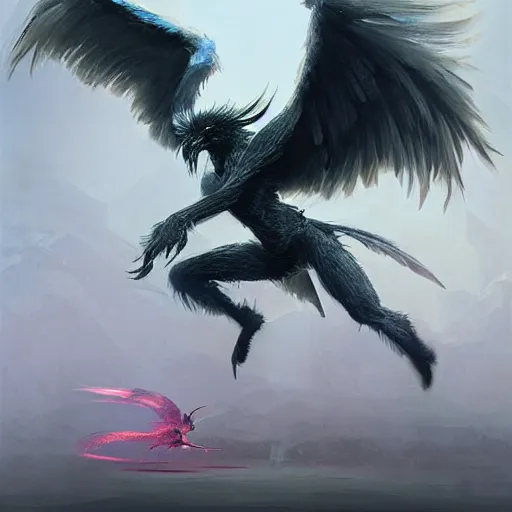 Prompt: digital painting of an elegant dancing but deadly chicogriff, griffin chicogriff hybrid monster, by Greg Rutkowski, magic the gathering concept art, trending on artstation, 4k resolution, in costco supermarket car park