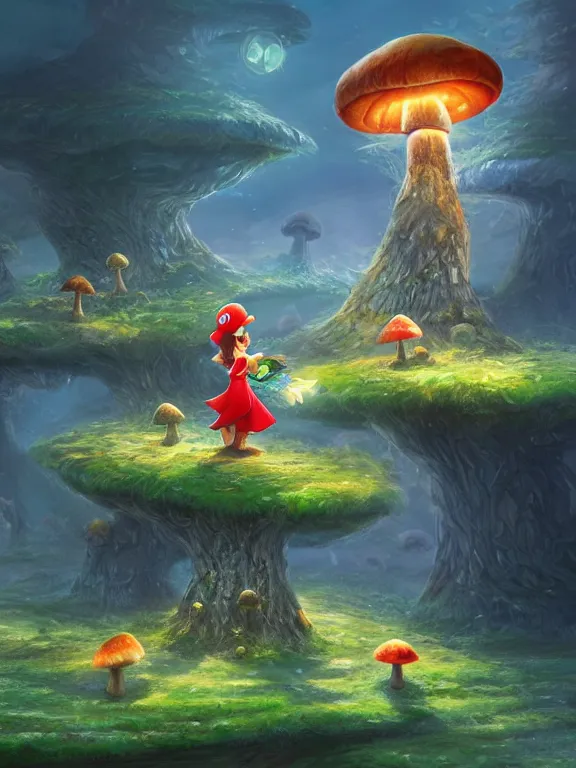 Prompt: female on the mushroom kingdom, fantasy scene,concept art, sharpness, 4k, high detailed, UHD, cinematic lightning, trending on deviantart by wlop and tyler edlin