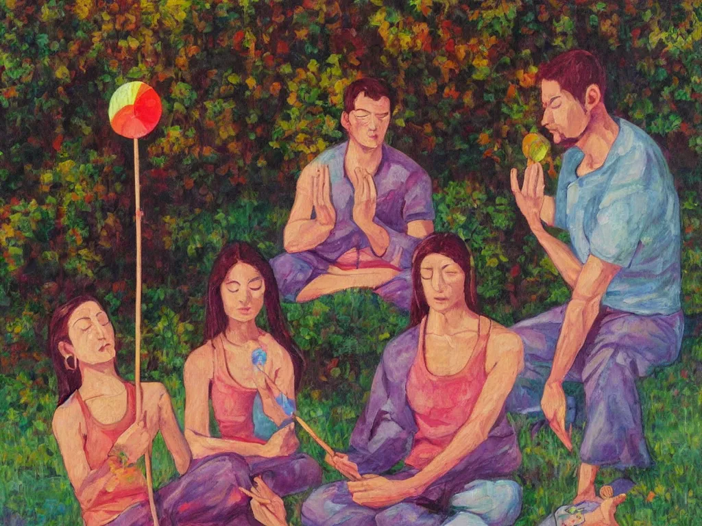 Prompt: man and woman meditating with lollipop. painting by carle eric
