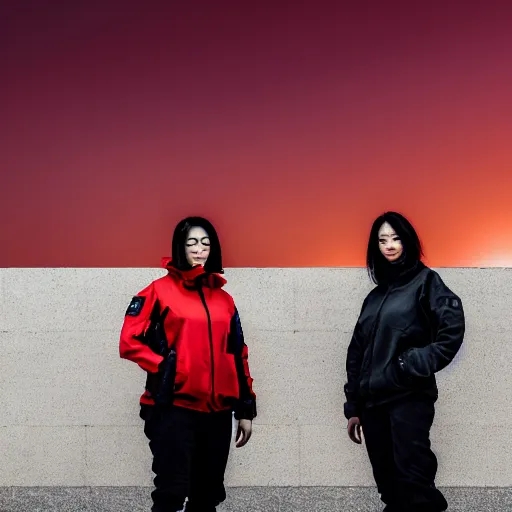 Image similar to photographic portrait of 2 techwear women in front of a brutalist metal building, on a desolate plain, red sky, sigma 8 5 mm f / 1. 4, 4 k, depth of field, high resolution, octane render 4 k, 8 k, hd, full color, trending on artstation