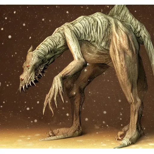 Prompt: tall bipedal creature in the darkness, long claws, large long pointy teeth, drooling, hunched over, hairless, dark cavern, no light, highly intricate, detailed, 8 k