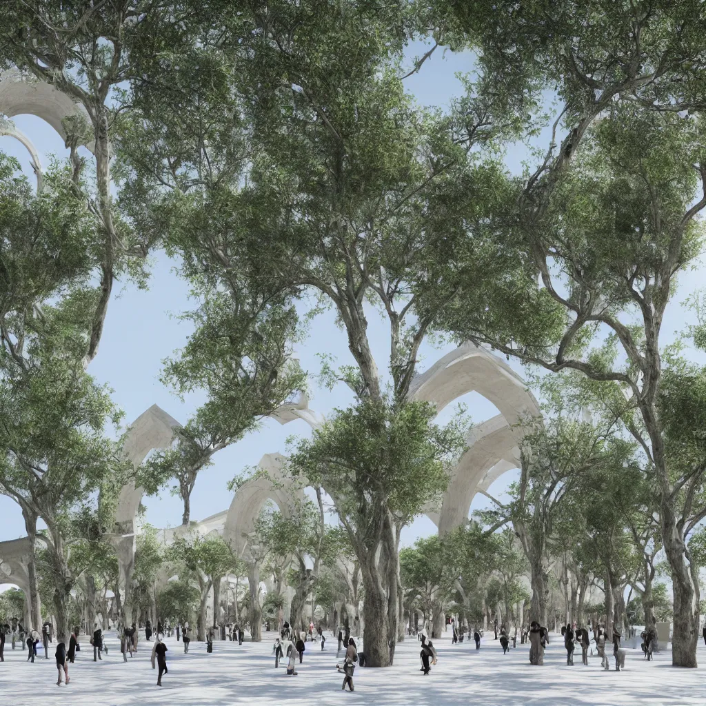 Prompt: Hyper realistic. The large museum space with the big Islamic arch made of roots of trees . Cinematography, mega scans,sloped site, cinematic, hyper realistic,photorealistic, cinematic composition, highly detailed, vray, 8k render