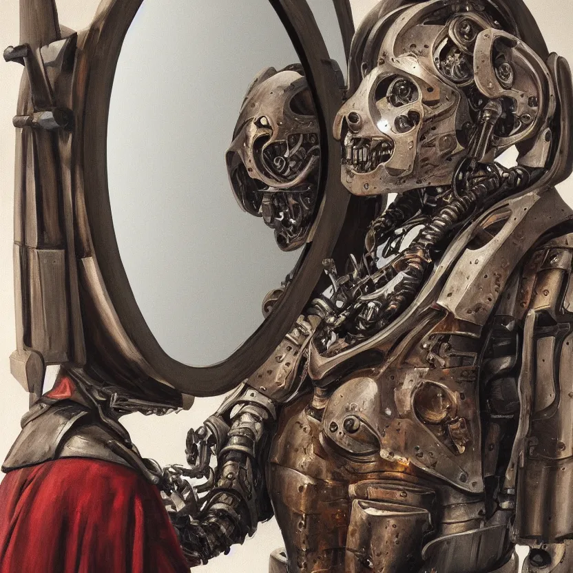 Prompt: oli painting of a medieval cyborg looking its reflection on a big mirror, mechanism visible symmetric defined ultra hd realistic tones