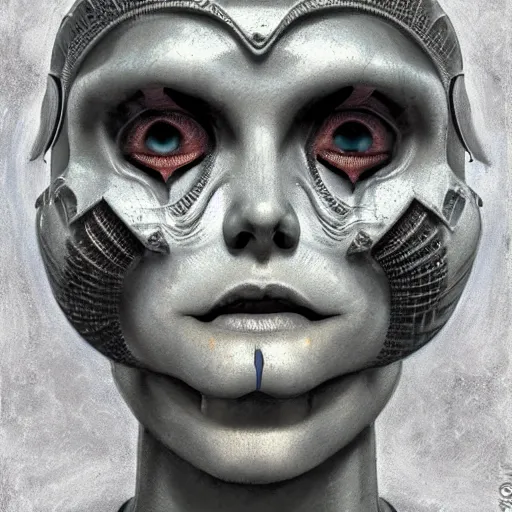 Prompt: a 3 d stone render portrait of a cyborg machina - nymphette by tony diterlizzi and h. r giger, ilford hp 5, 5 5 mm, hyper realistic, hyper - mechanistic by artgerm, tomasz alen kopera, peter mohrbacher, hyper - goth, horror - core, joseph christian leyendecker