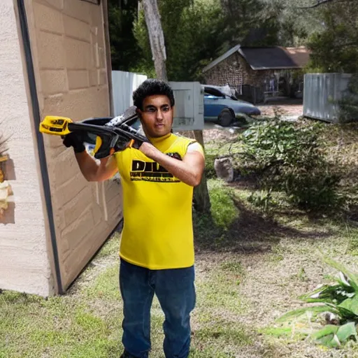 Image similar to young latino man using cordless power tool crossbow made by dewalt