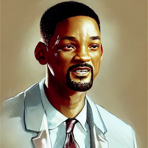 Image similar to “Portrait of Will Smith by Greg Rutkowski, young, manly, attractive, strong, older brother vibes, highly detailed portrait, scifi, digital painting, artstation, concept art, smooth, sharp foccus ilustration, Artstation HQ”