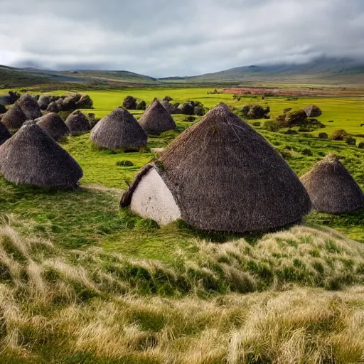 Image similar to beautiful landscape of Rohan with rural thatch roof villages scattered throughout the countryside, in the style of J.R.R Tolkien