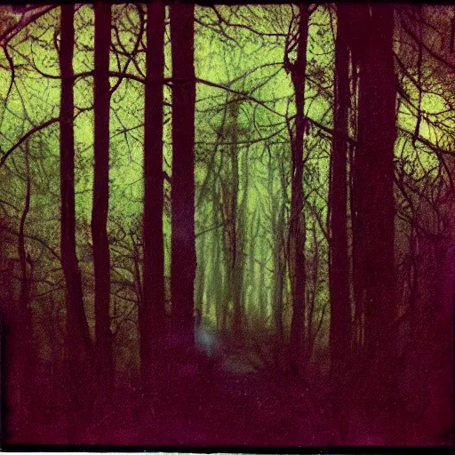 Image similar to glowing eyes in a dark forest, old polaroid, expired film, lost footage, nightmare, creepy, horror, unsettling,