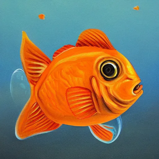 Image similar to very high detailed painting of a small orange fish swimming in a bubble