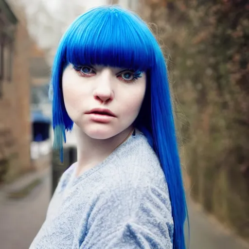 Image similar to a pale girl with blue hair, fringe, soft facial features, looking directly at the camera, neutral expression, instagram picture