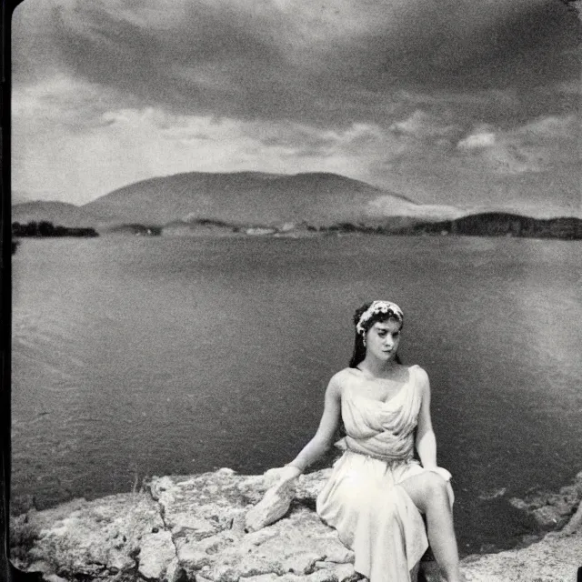 Prompt: greek goddess by a lake, vintage film photograph