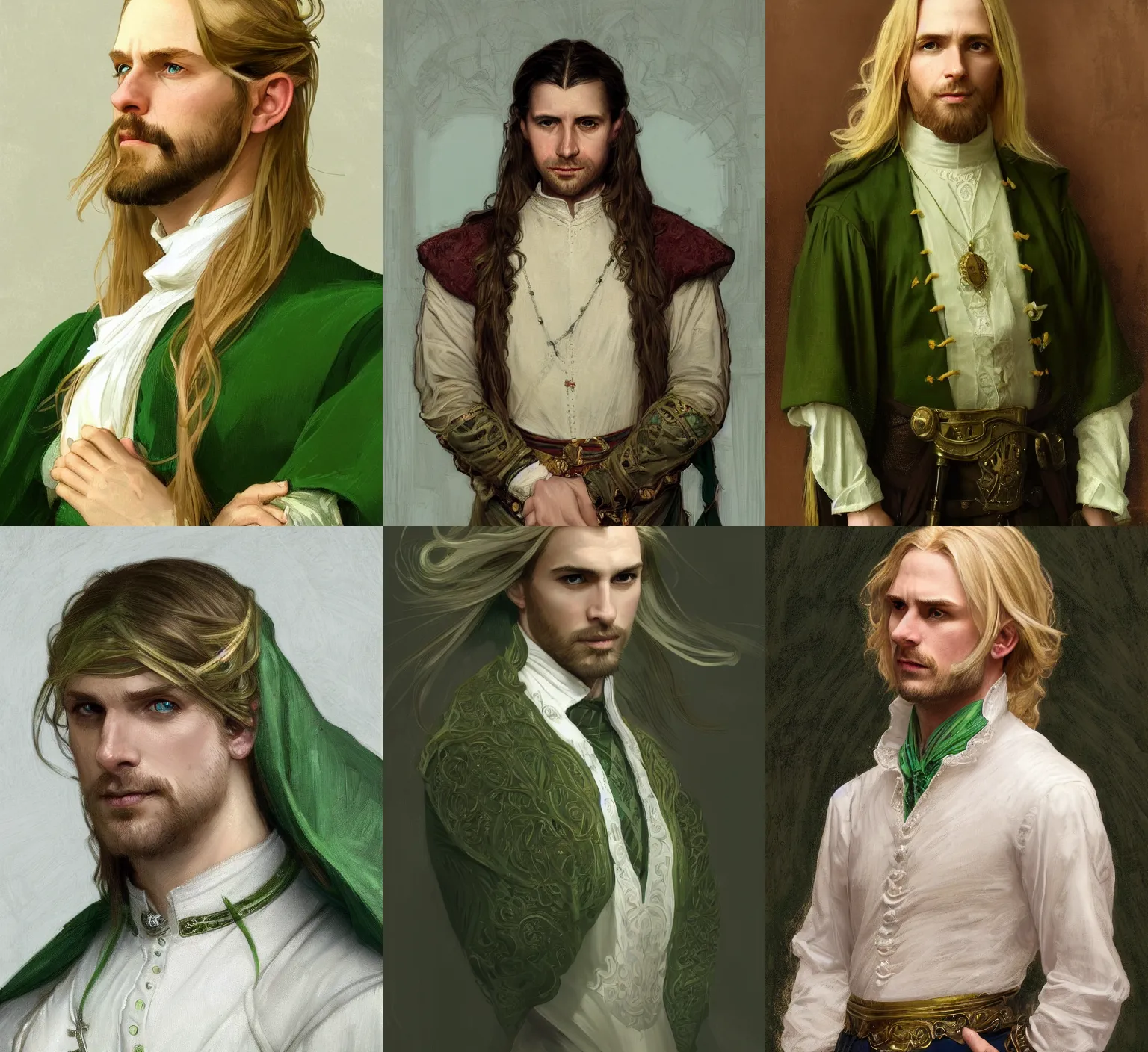 Prompt: medium-length portrait of a 35-year-old elegant male noble with long blonde hair and green eyes, white skin, smug expression, elegant green clothing, medieval setting, highly detailed, digital painting, artstation, concept art, sharp focus, illustration, art by greg rutkowski and alphonse mucha