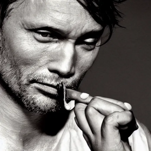 Image similar to Mads Mikkelsen smoking cigarette, looking sideway, epic smoking, cigarette between fingers, thoughtful, suspense, portrait black and white, masculine, virile