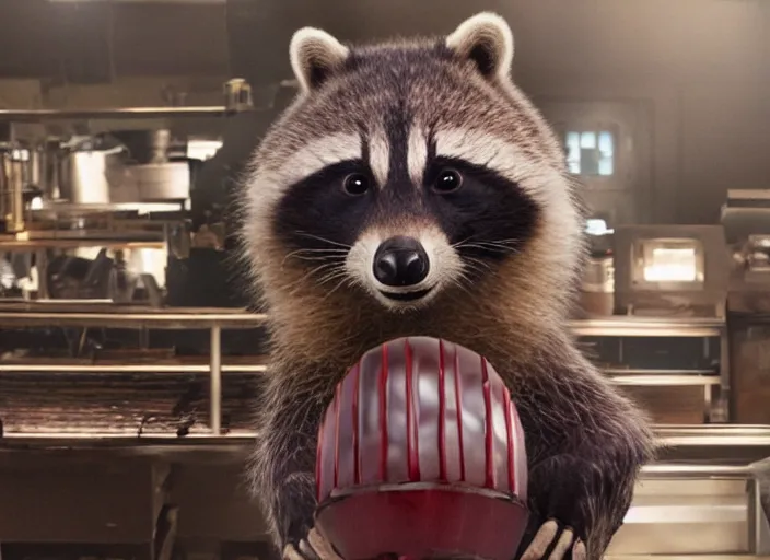 Image similar to film still of Rocket Racoon working as a chocolatier in the new Avengers movie, 4k