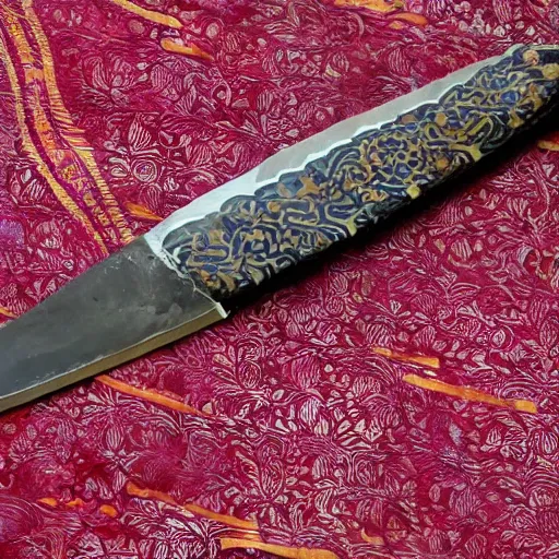 Prompt: keris knife with seven luk laying on batik