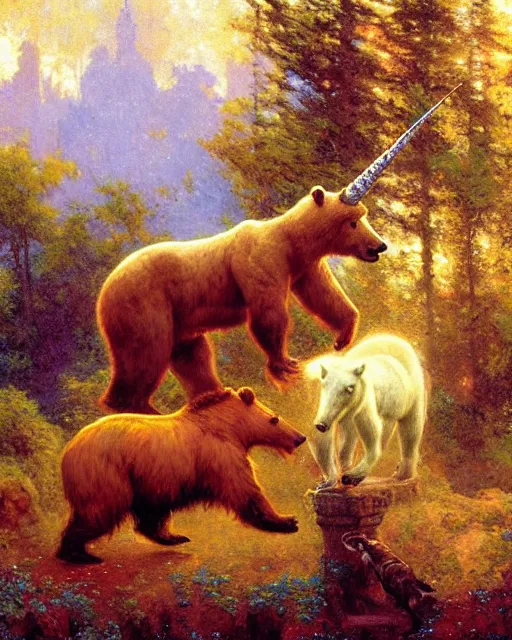 Image similar to unicorn versus bear, enchanted forest, painting by gaston bussiere, craig mullins, j. c. leyendecker