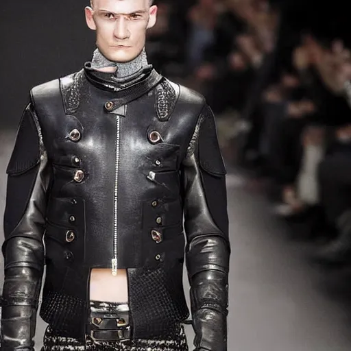Prompt: a editorial photo of a male model wearing a baggy designer medieval cropped leather menswear jacket by alexander mcqueen