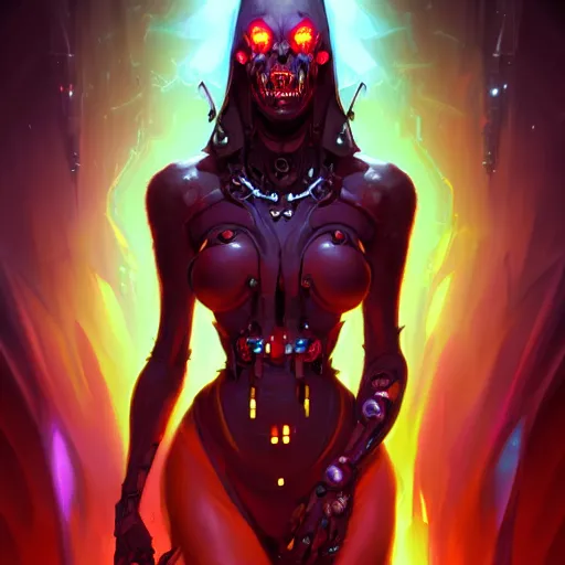 Image similar to a portrait of a beautiful demonic cybernetic queen of hell, cyberpunk concept art by pete mohrbacher and wlop and artgerm and josan gonzales, digital art, highly detailed, intricate, sci-fi, sharp focus, Trending on Artstation HQ, deviantart, unreal engine 5, 4K UHD image