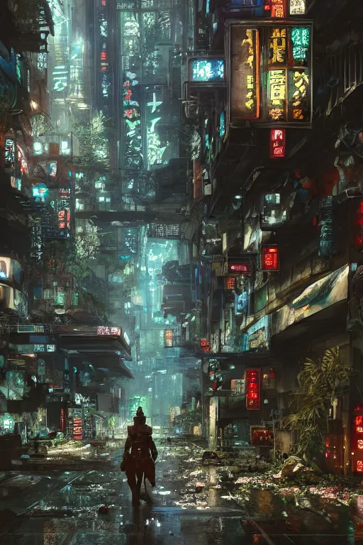 photo of ancient overgrown cyberpunk tokyo with robot | Stable ...