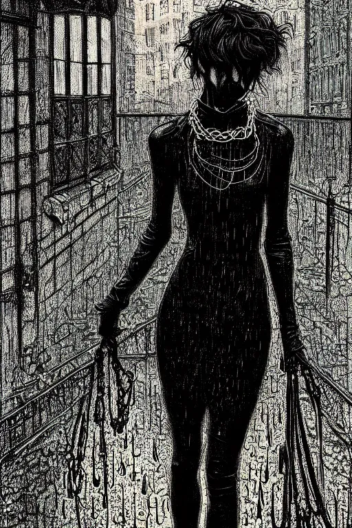 Image similar to dreamy gothic girl, black leather slim clothes, chains, strong rain night, beautiful body, detailed acrylic, grunge, intricate complexity, by dan mumford and by alberto giacometti, peter lindbergh