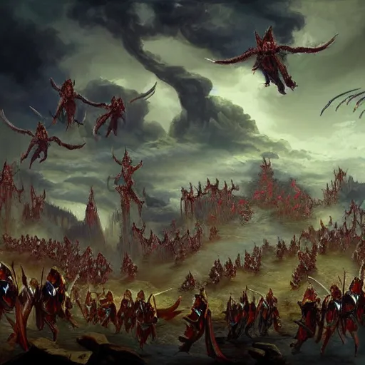 Prompt: an army of devils invading Heaven, epic fantasy art