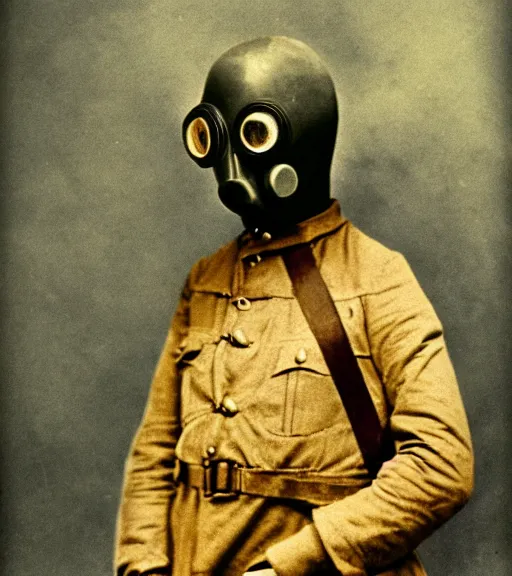 Image similar to person wearing gp5 gas mask, ww1 technicolor film photo, grainy, high detail, high resolution