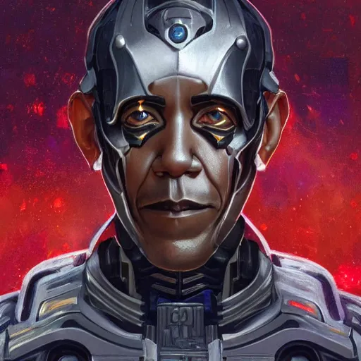 Prompt: A cyborg Barack Obama as the tyrant emperor of the universe. Trending on ArtStation. A vibrant digital oil painting. A highly detailed fantasy character illustration by Wayne Reynolds and Charles Monet and Gustave Dore and Carl Critchlow and Bram Sels