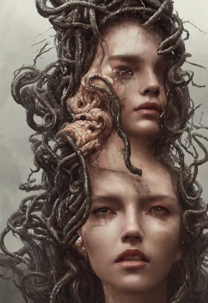 Image similar to A beuatiful portrait of medusa by Greg Rutkowski, Sung Choi, Mitchell Mohrhauser, Maciej Kuciara, Johnson Ting, Maxim Verehin, Peter Konig, close up, Bloodborne , 8k photorealistic, cinematic lighting, HD, high details, dramatic, atmospheric , trending on artstation