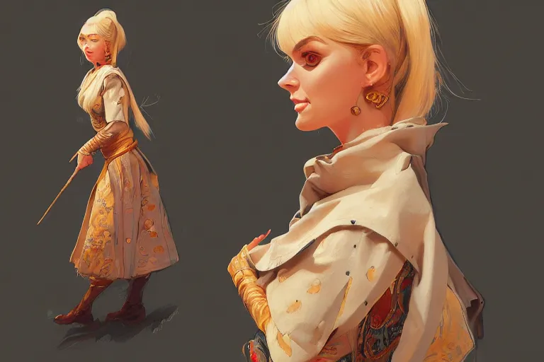 Image similar to a blonde woman wearing medieval tapestry as clothing, by jesper ejsing, ilya kuvshinov, greg rutkowski on artstation