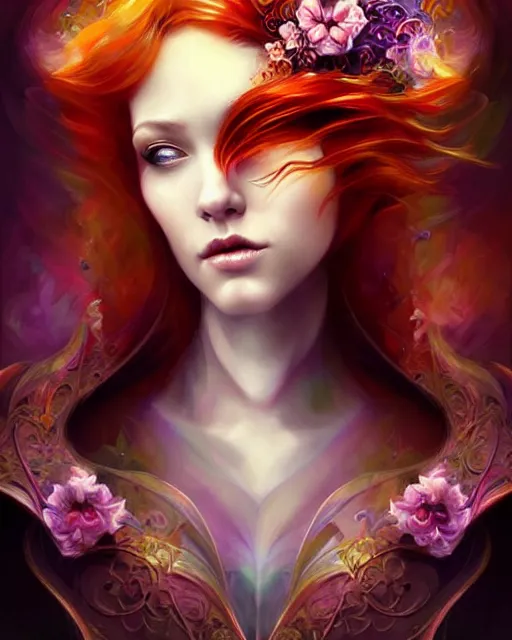 Image similar to Beautiful, evil and playful ethereal ginger portrait, art nouveau, fantasy, intricate flower designs, elegant, highly detailed, sharp focus, art by Artgerm and Yossi Kotler, Carne griffith and WLOP