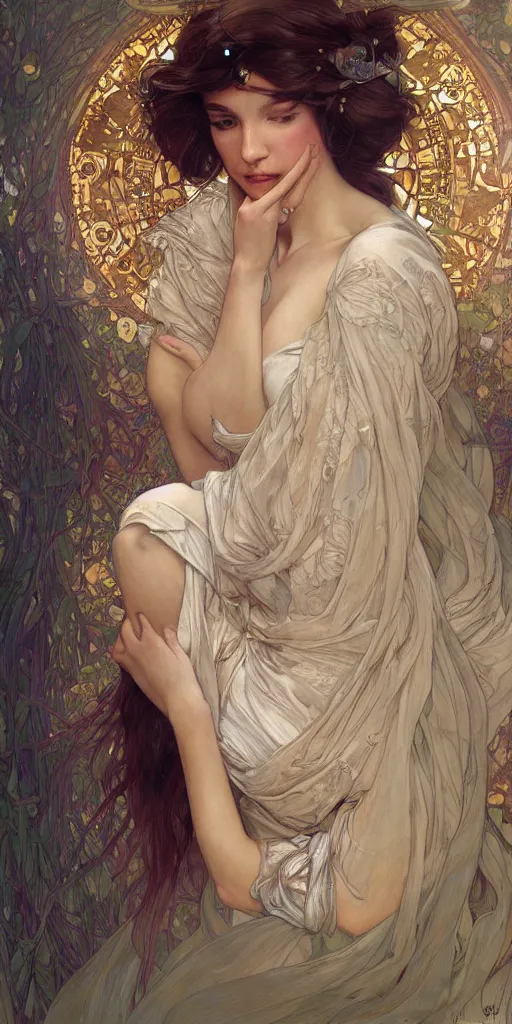 Image similar to ultra realistic illustration studio of a beautiful elegant girl in an artistic pose covered in silk, intricate, elegant, highly detailed, digital painting, artstation, concept art, smooth, sharp focus, illustration, art by artgerm and greg rutkowski and alphonse mucha by klimt