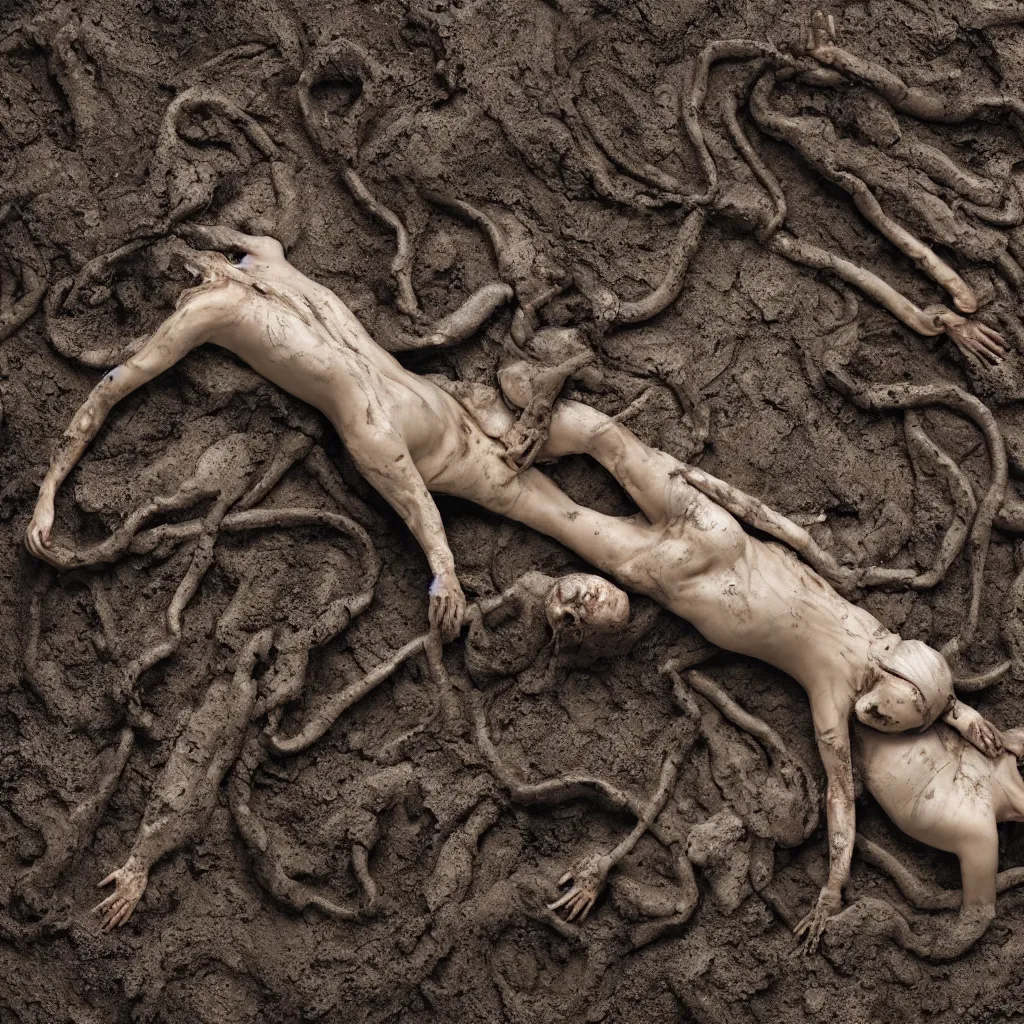 Image similar to overhead view a woman's corpse connected by an umbilical cord to a baby buried under mud and oil spill, faded, depth of field,, ultra realistic, very detailed, by hans bellmer and nadav kander, 8 k hyper realistic detailed cinematic still