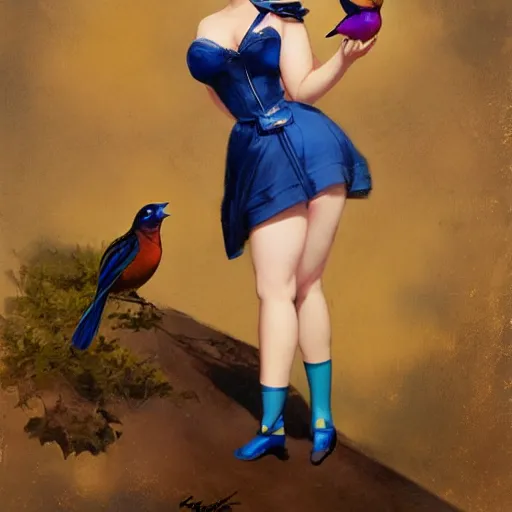 Image similar to pinup girl holding an indigo bunting, bird, the bird is wearing a bowtie, by greg rutkowski, rossdraws, gil elvgren, enoch bolles, anime, porcelain skin, very coherent