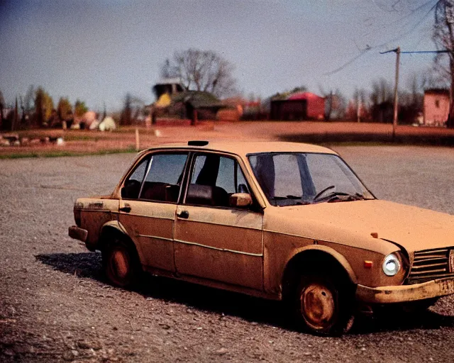 Image similar to a lomographic photo of old lada 2 1 0 7 standing in typical soviet yard in small town, hrushevka on background, cinestill, bokeh