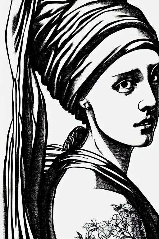 Image similar to beautiful portrait of a woman, negative no not the girl with a pearl earring, highly detailed ink illustration, b & w clean shaped illustration by kim jung gi, ric estrada, ron english and eiichiro oda