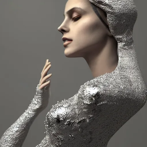 Image similar to a highly detailed digital image of a futuristic woman elegantly wrapped with silver leaves, by Andrea Chiampo, artstation and Frederik Heyman, extremely detailed woman, stunning volumetric lighting, hyper realism, fantasy 4k