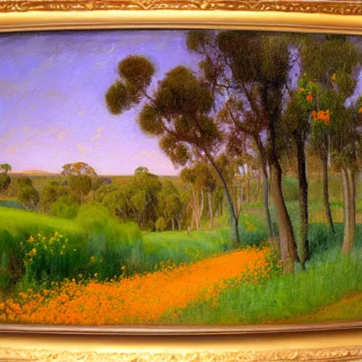 Image similar to a painting of a dirt road surrounded by eucalyptus trees and california golden poppies, violet woodland hill in the distance, violet sunset. an oil painting by Julian Onderdonk, green orange violet triadic color palette, featured on deviantart, australian tonalism, pre-raphaelite, impressionism, detailed painting