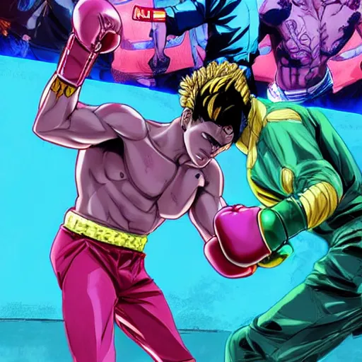 Image similar to handsome boxer, punching, wearing neon boxing outfit, bodybuilder posing, portrait surrounded by hibiscus flowers, jojo cover art, jojo anime style, david production, style of vento aureo cover art, style of stone ocean cover art, style of steel ball run cover art, style of jojolion cover art, ilya kuvshinov style, illustrated by hirohiko araki